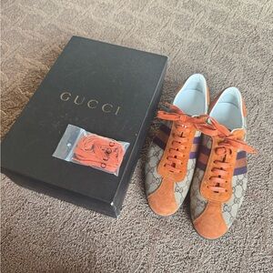 Gucci Orange Suede Antigua Nylon Monogram Sneakers